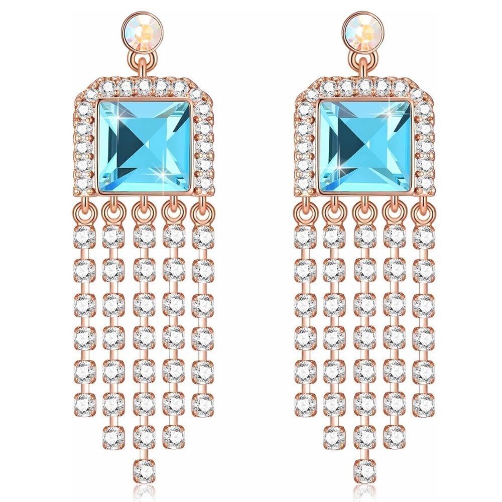 14K Yellow Gold with Aquamarine Blue Austrian Crystal Dangling Tassel Earrings